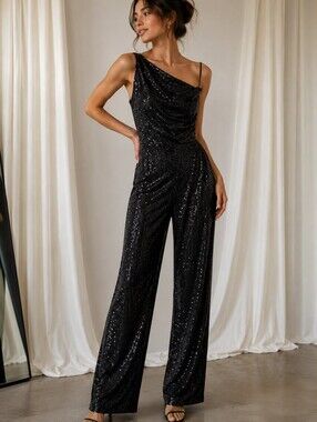 Elegant Black Sequin One-Shoulder Jumpsuit
